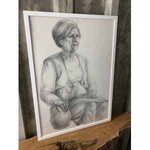Vintage Original Pencil Drawing Picture Old Lady With Vase