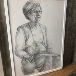 Vintage Original Pencil Drawing Picture Old Lady With Vase