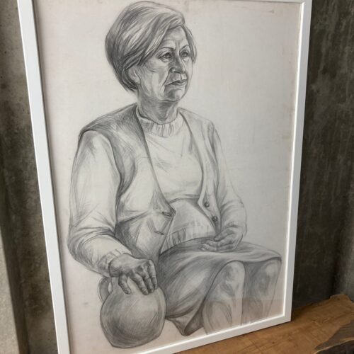 Vintage Original Pencil Drawing Picture Old Lady With Vase