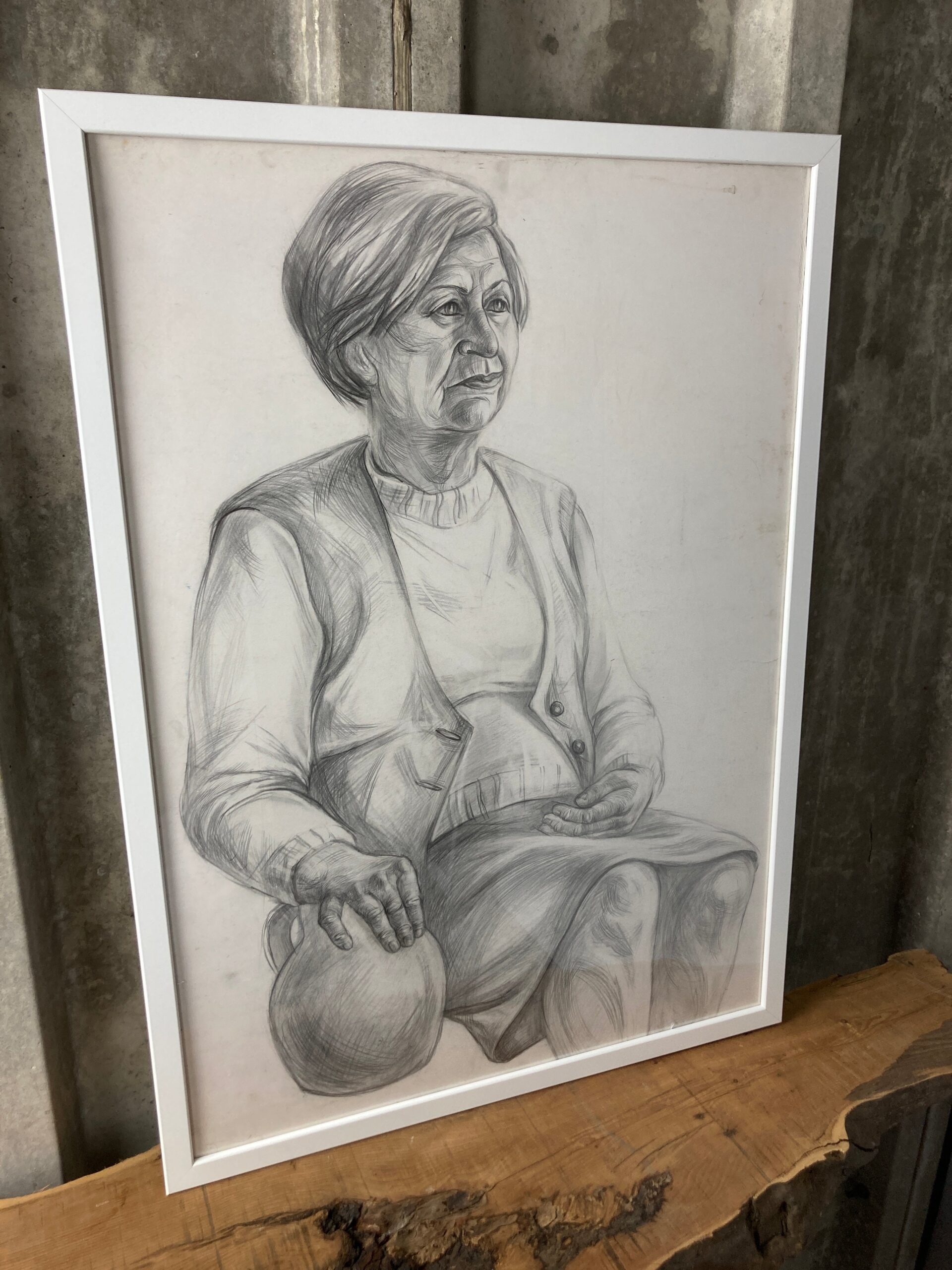 Vintage Original Pencil Drawing Picture Old Lady With Vase