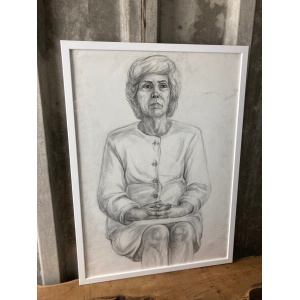 Vintage Original Pencil Drawing, Older Lady Cardigan Picture