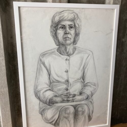 Vintage Original Pencil Drawing, Older Lady Cardigan Picture