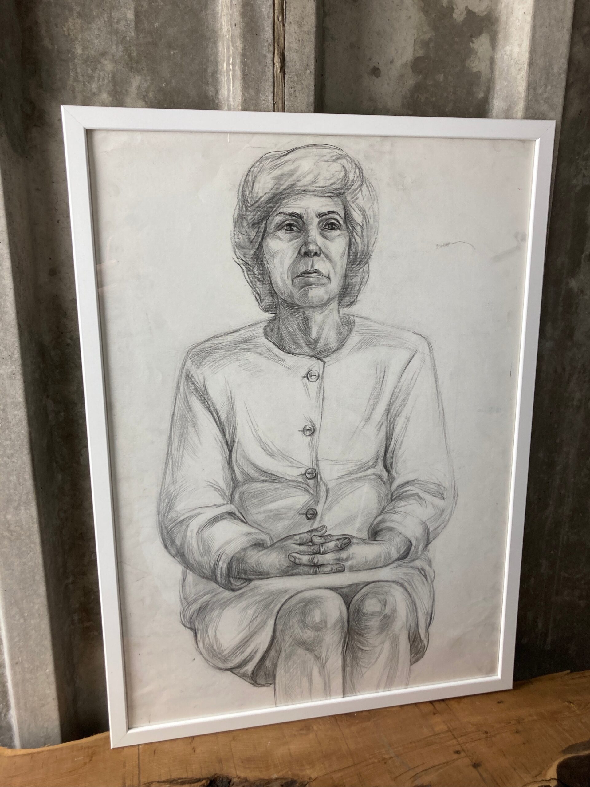 Vintage Original Pencil Drawing, Older Lady Cardigan Picture