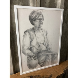 Vintage Original Pencil Drawing Picture Old Lady With Vase
