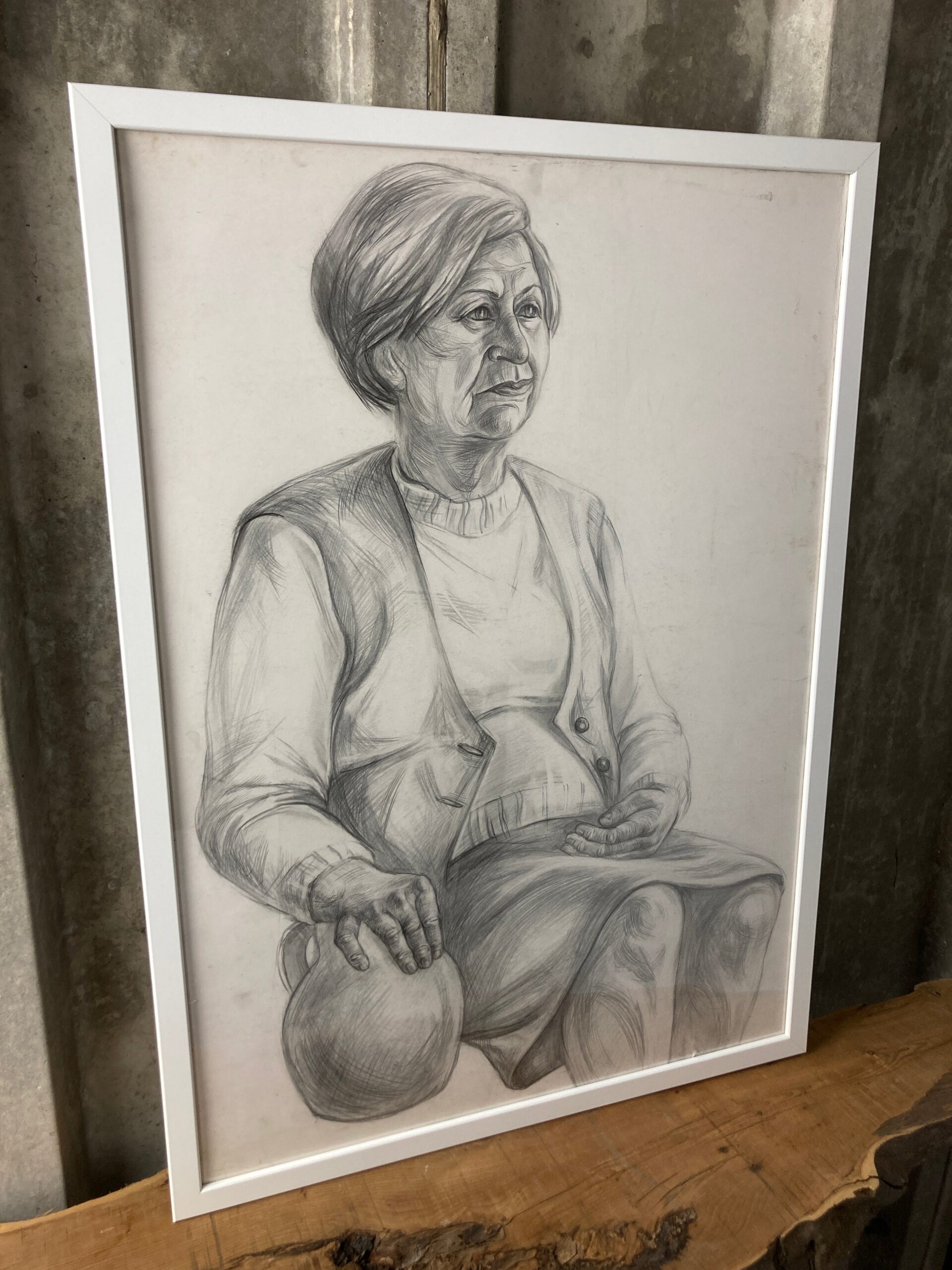 Vintage Original Pencil Drawing Picture Old Lady With Vase