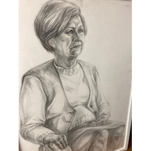 Vintage Original Pencil Drawing Picture Old Lady With Vase