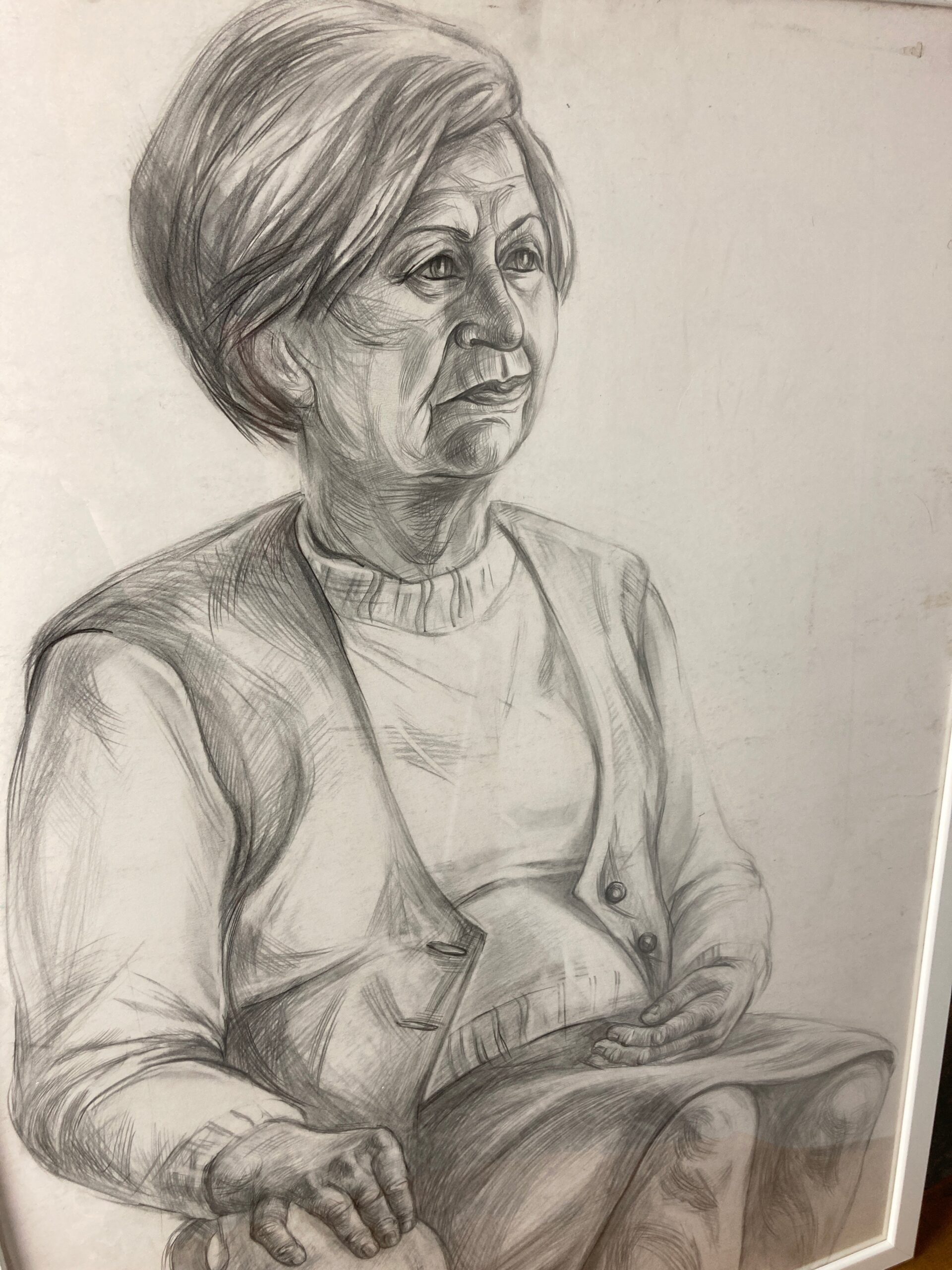 Vintage Original Pencil Drawing Picture Old Lady With Vase