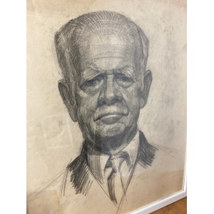 Vintage Original Pencil Drawing Picture 1960s Old Man In Suit