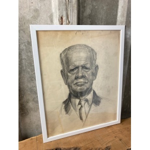 Vintage Original Pencil Drawing Picture 1960s Old Man In Suit
