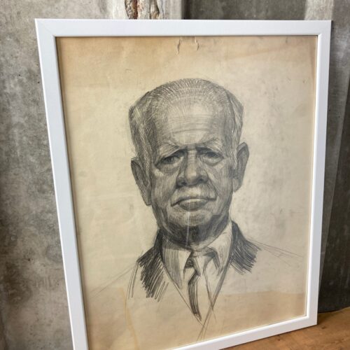 Vintage Original Pencil Drawing Picture 1960s Old Man In Suit
