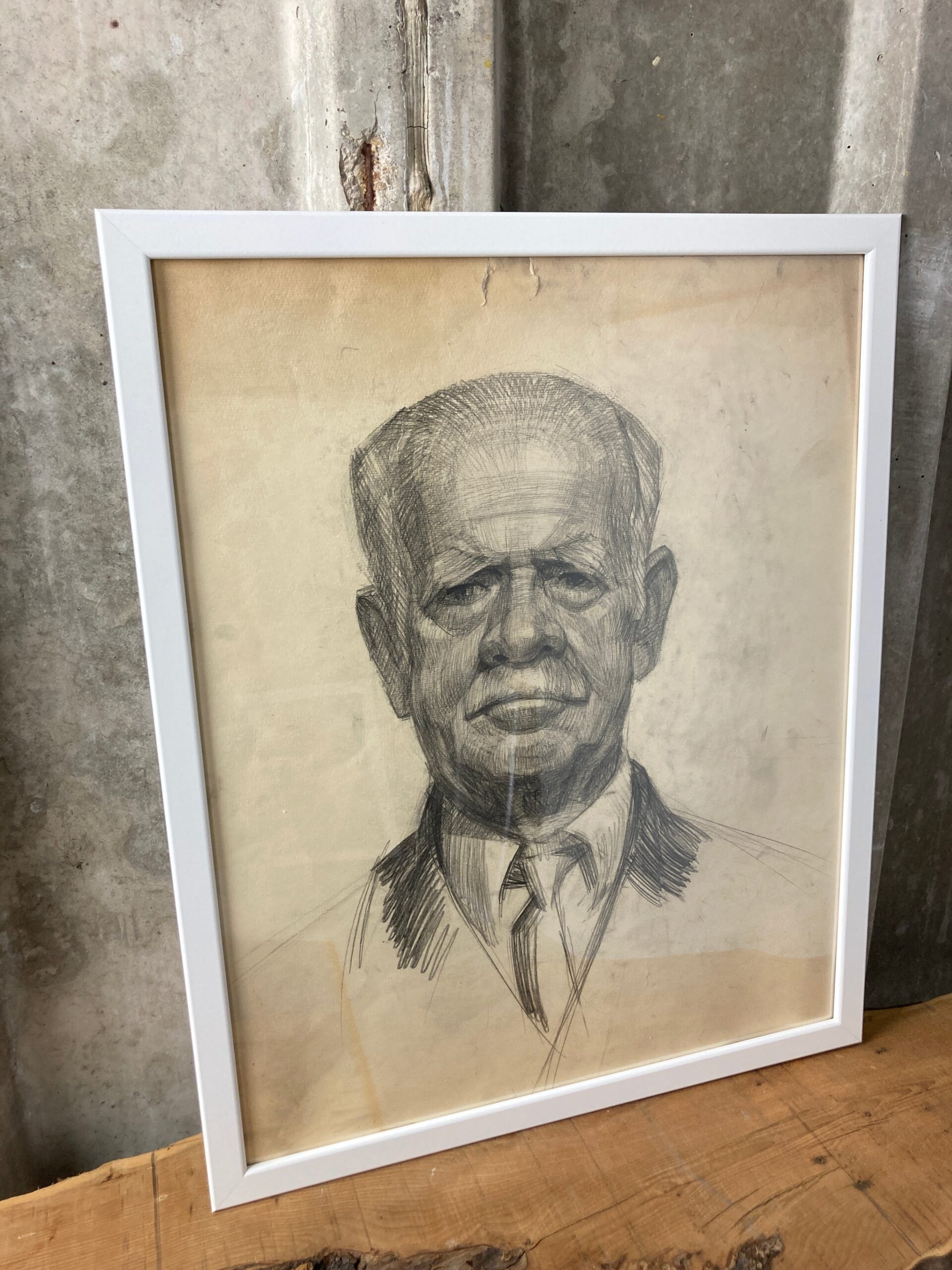 Vintage Original Pencil Drawing Picture 1960s Old Man In Suit