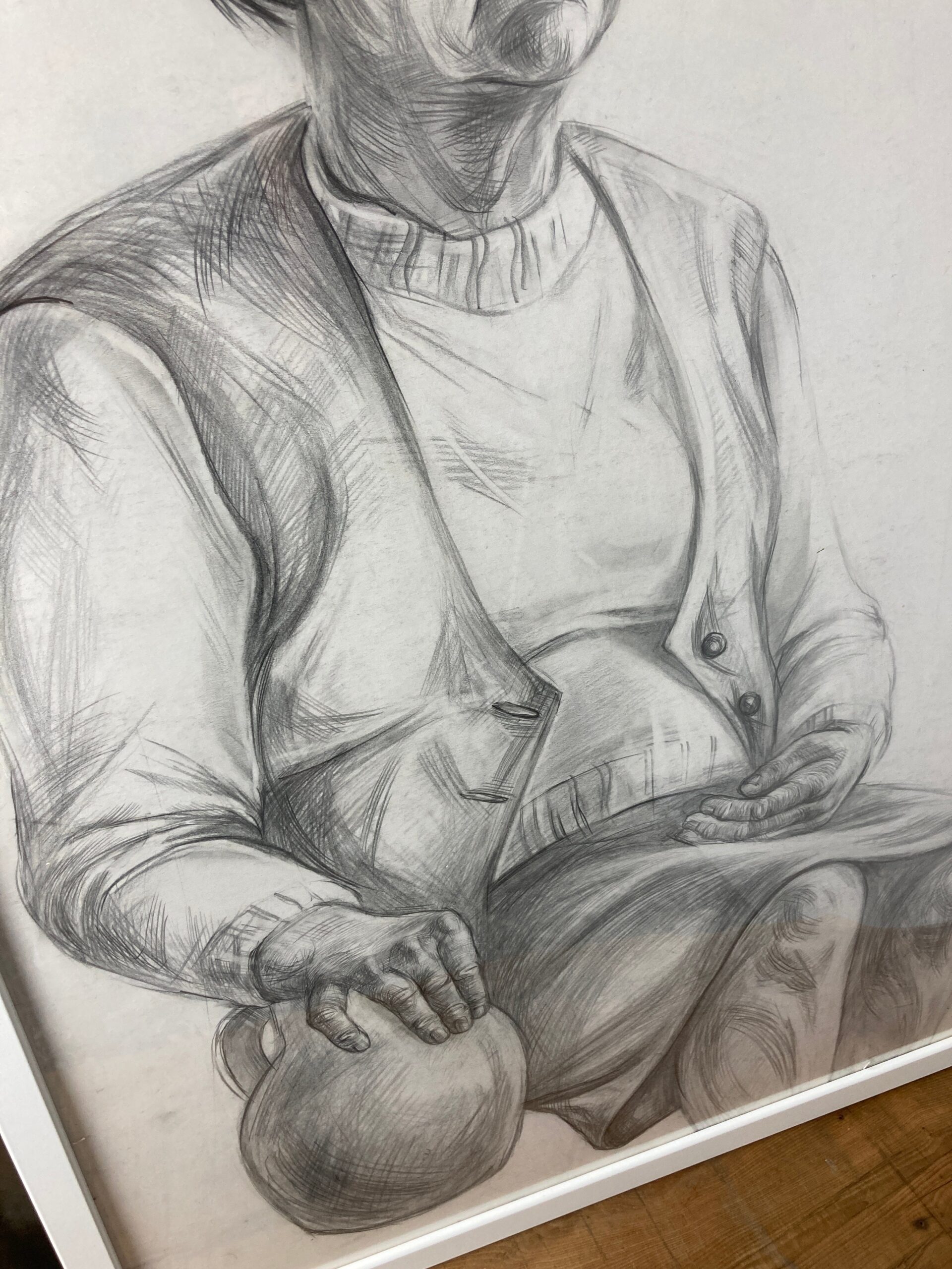Vintage Original Pencil Drawing Picture Old Lady With Vase