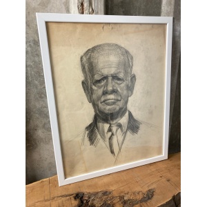 Vintage Original Pencil Drawing Picture 1960s Old Man In Suit