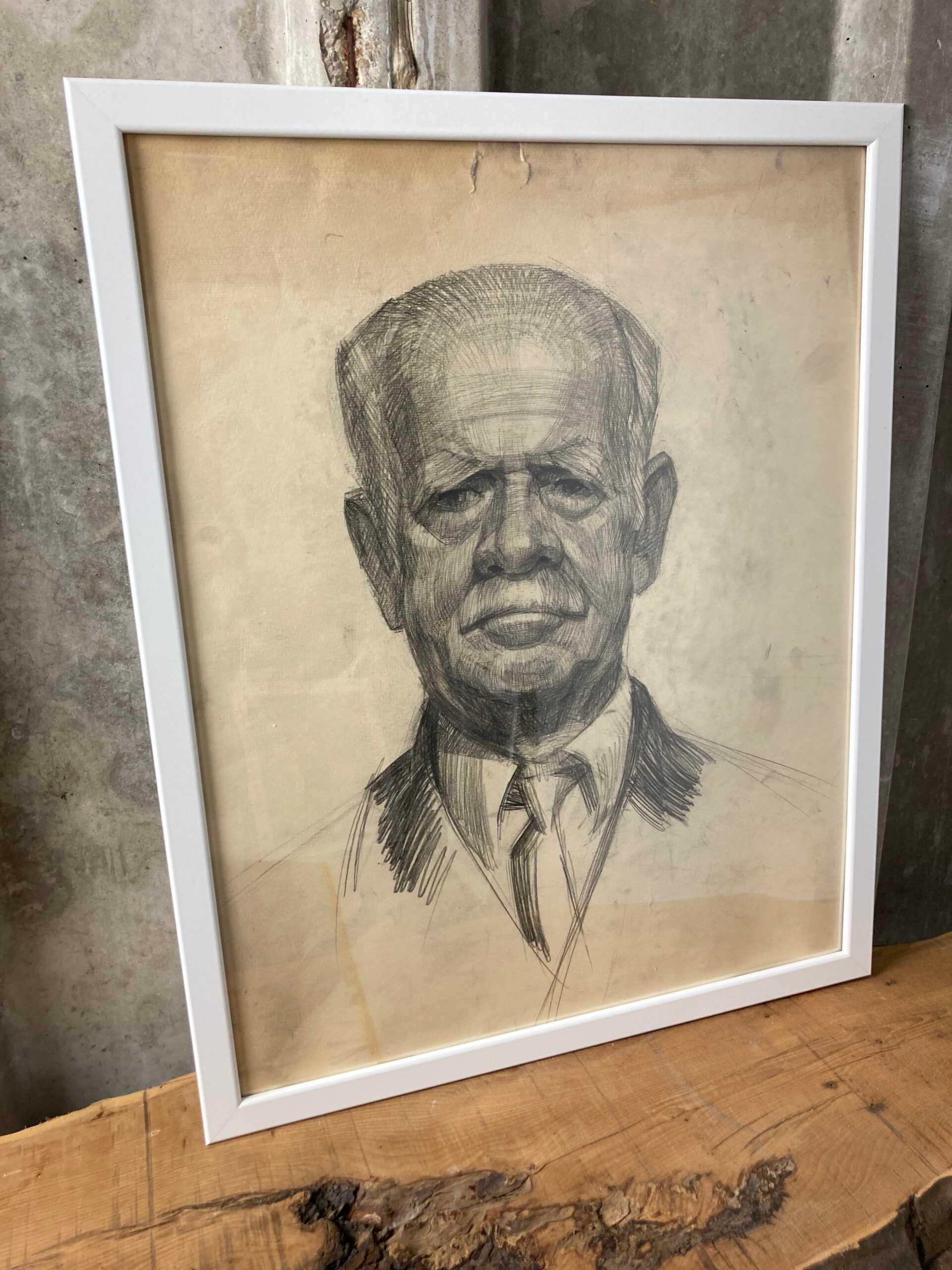Vintage Original Pencil Drawing Picture 1960s Old Man In Suit