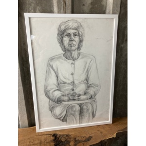 Vintage Original Pencil Drawing, Older Lady Cardigan Picture