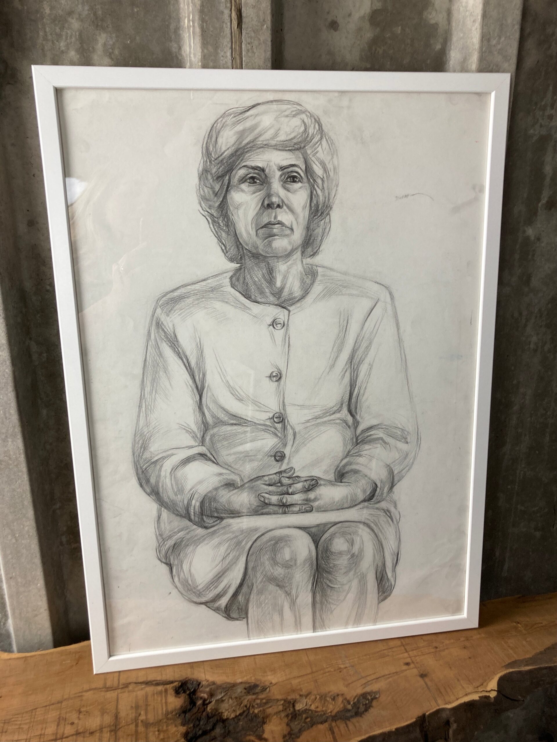 Vintage Original Pencil Drawing, Older Lady Cardigan Picture