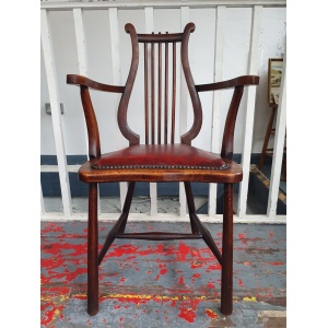 Late 19th Century Lyre Back Library Chair In Mahogany & Leather. Antique/Vintage