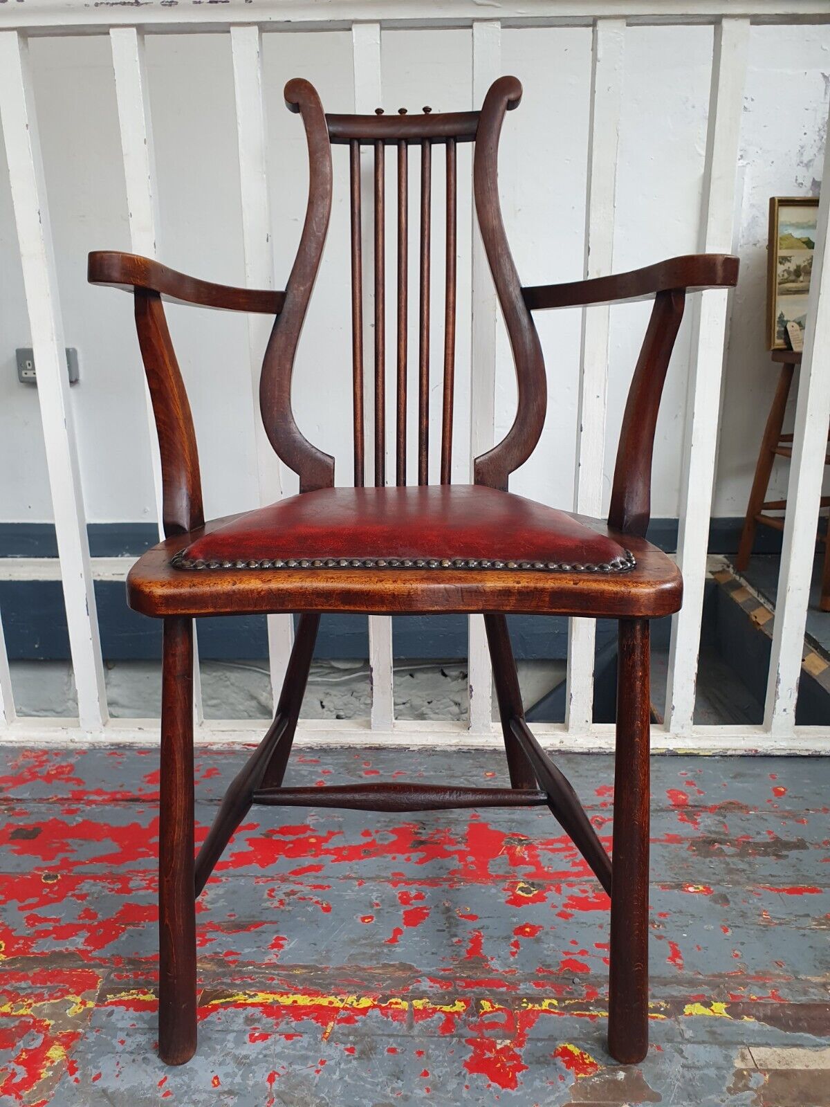 Late 19th Century Lyre Back Library Chair In Mahogany & Leather. Antique/Vintage