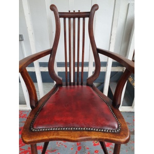 Late 19th Century Lyre Back Library Chair In Mahogany & Leather. Antique/Vintage