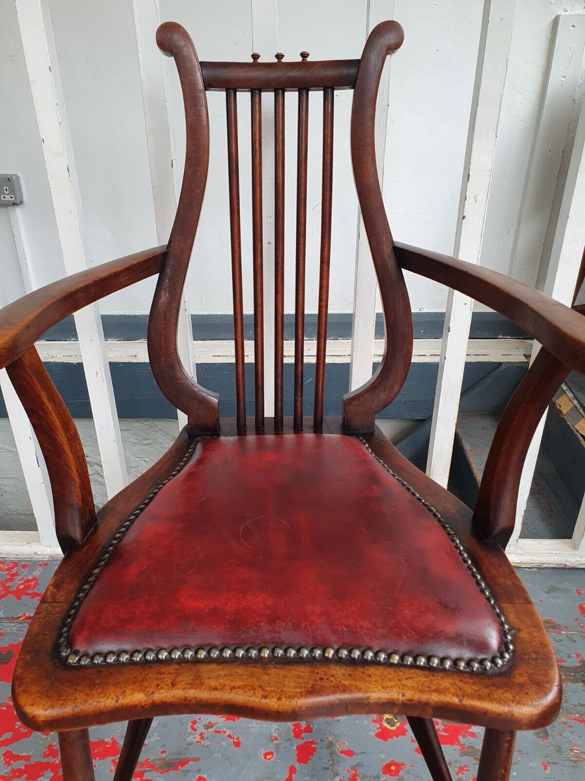 Late 19th Century Lyre Back Library Chair In Mahogany & Leather. Antique/Vintage