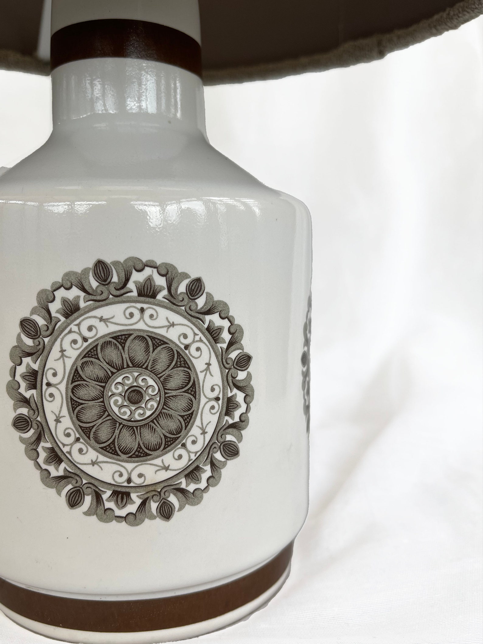 Mid century ceramic table lamp circe 1960's with geometric stylised floral print, with boucle lampshade