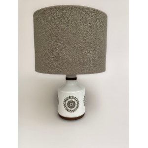 Mid century ceramic table lamp circe 1960's with geometric stylised floral print, with boucle lampshade