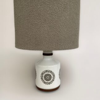 Mid century ceramic table lamp circe 1960's with geometric stylised floral print, with boucle lampshade