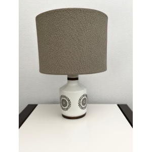 Mid century ceramic table lamp circe 1960's with geometric stylised floral print, with boucle lampshade