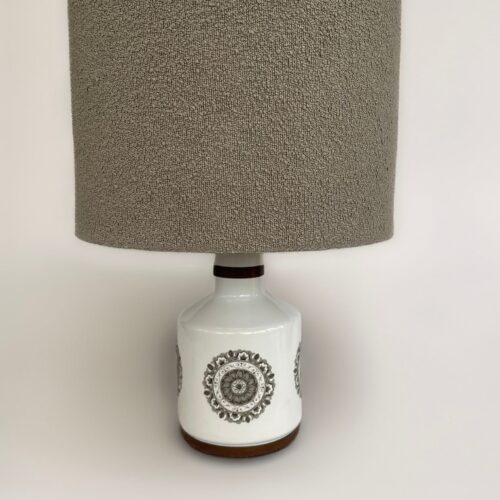 Mid century ceramic table lamp circe 1960's with geometric stylised floral print, with boucle lampshade