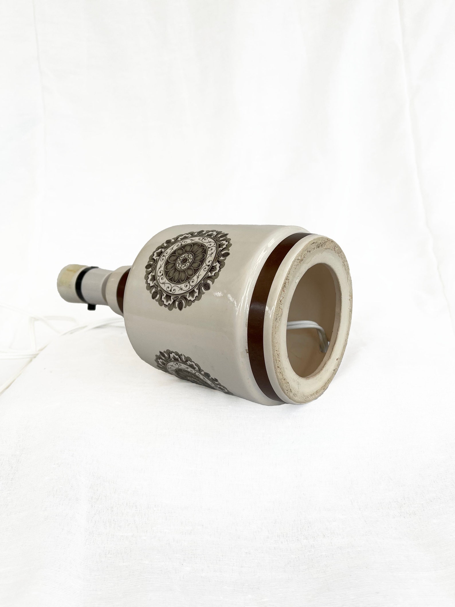 Mid century ceramic table lamp circe 1960's with geometric stylised floral print, with boucle lampshade