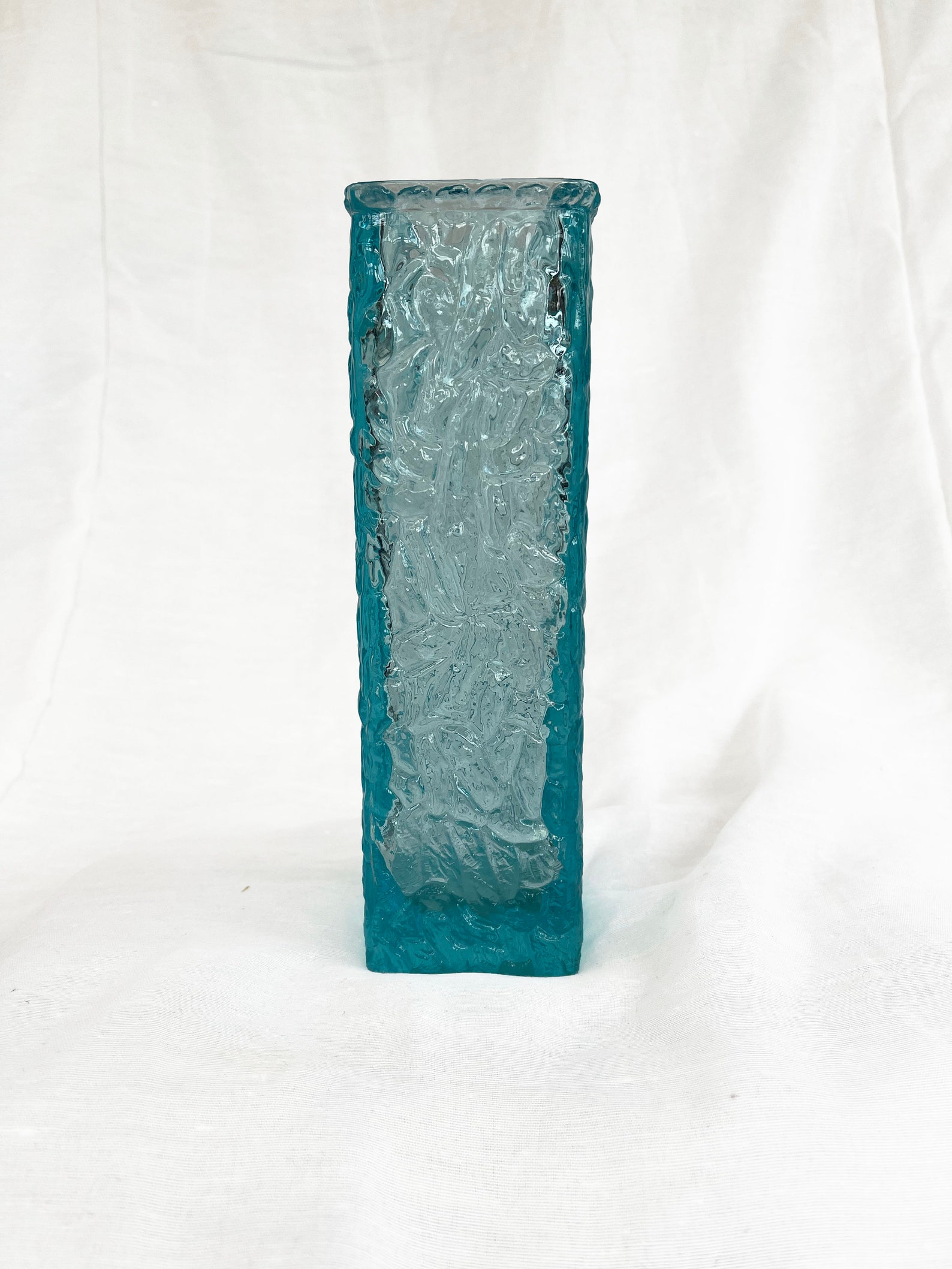 Mid Century Davidson Brama Luna turquoise Blue vintage Glass Bark Vase 1960's Retro