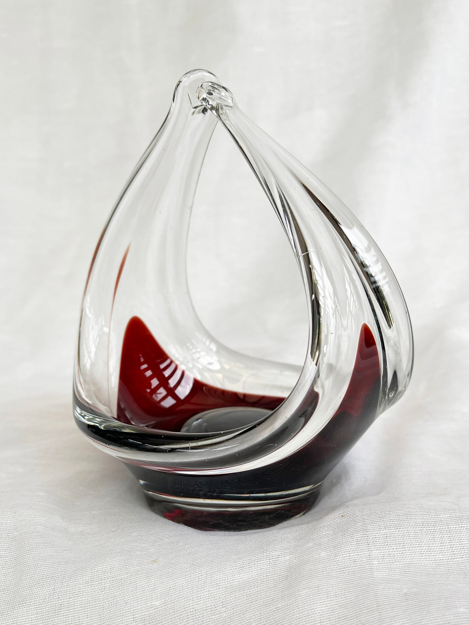 Mid-Century Modern spun and stretched burgundy red glass sculpture/basket/bowl/dish