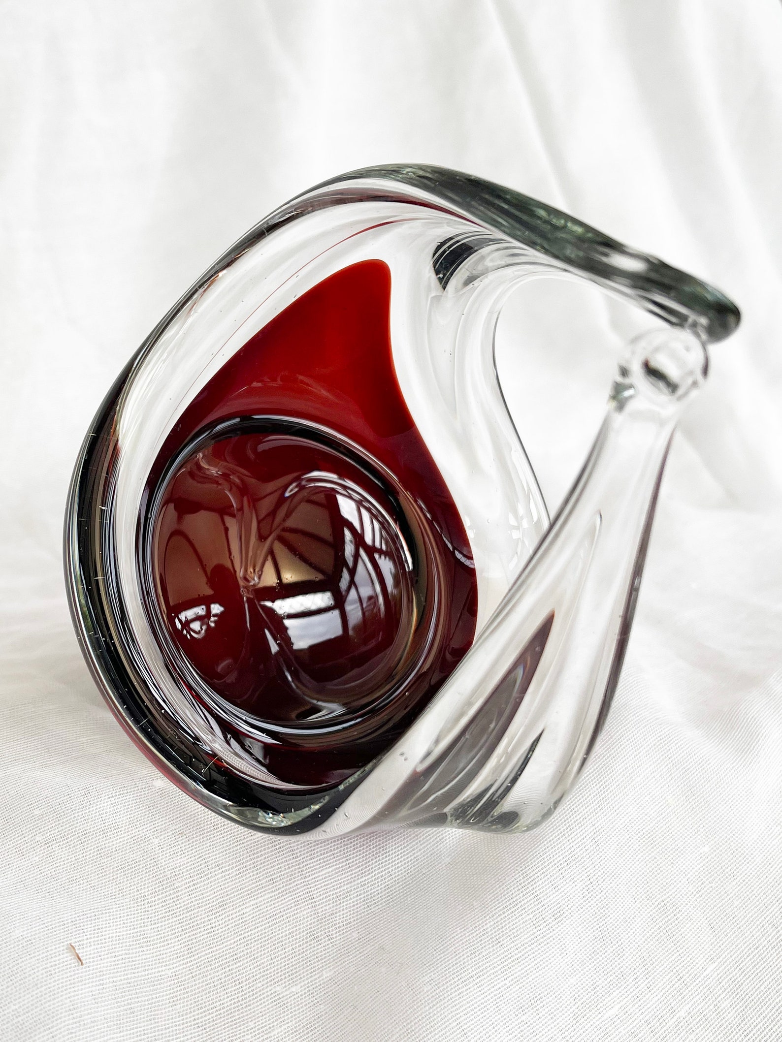 Mid-Century Modern spun and stretched burgundy red glass sculpture/basket/bowl/dish
