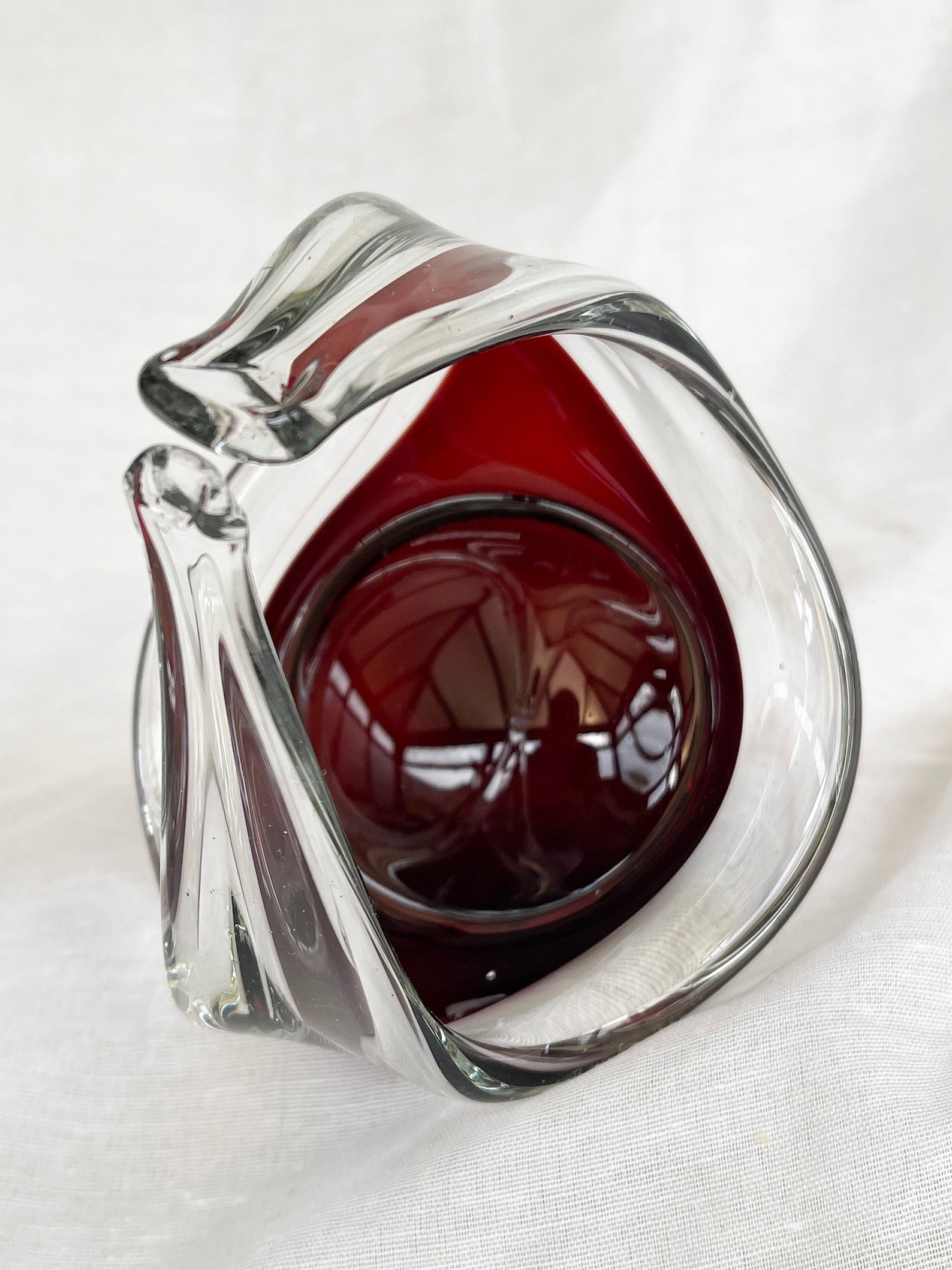 Mid-Century Modern spun and stretched burgundy red glass sculpture/basket/bowl/dish