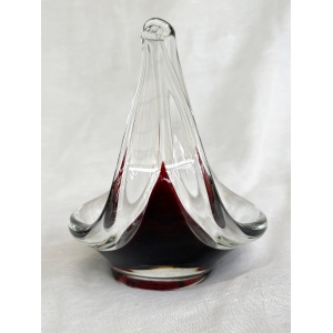 Mid-Century Modern spun and stretched burgundy red glass sculpture/basket/bowl/dish