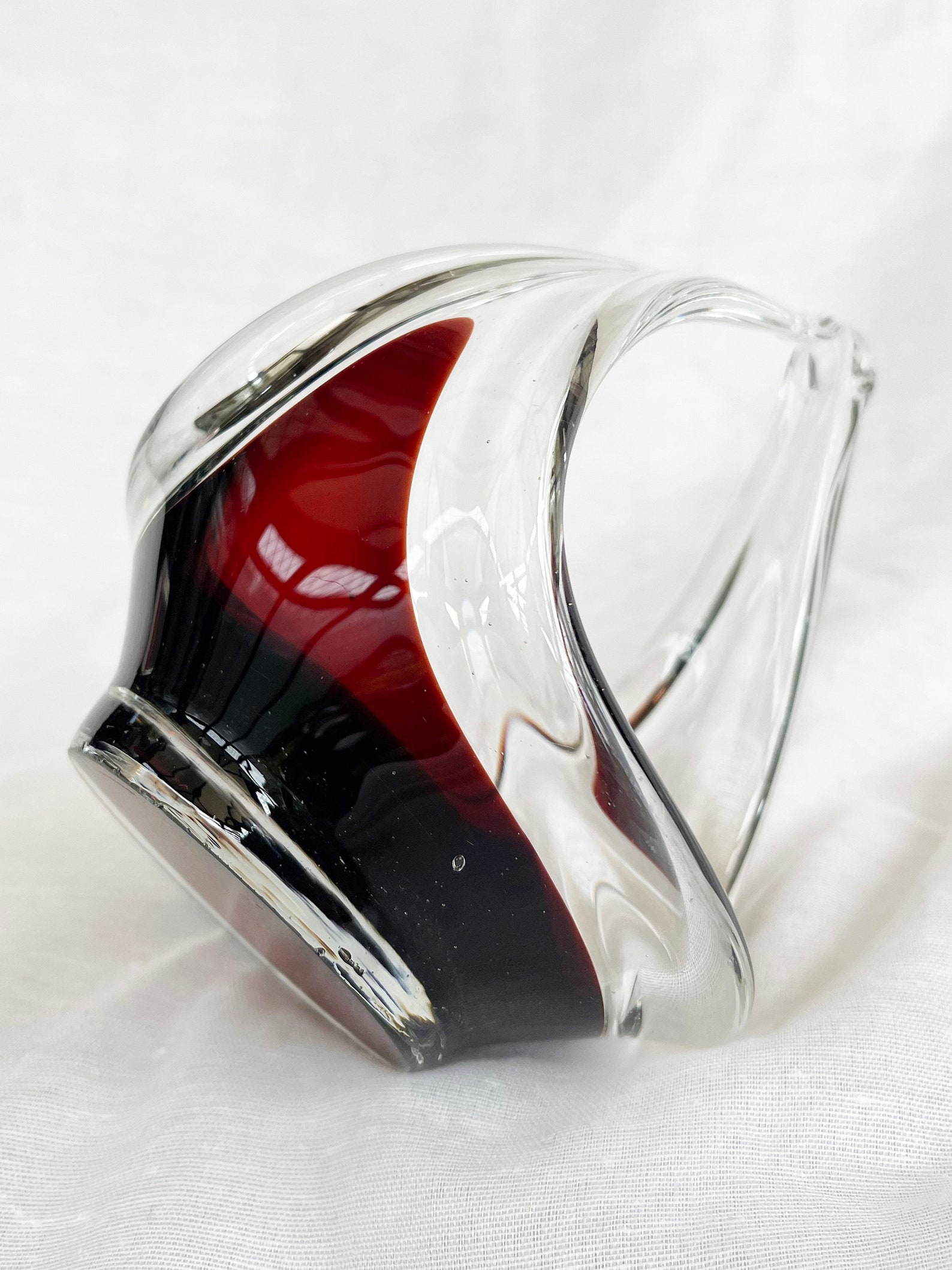 Mid-Century Modern spun and stretched burgundy red glass sculpture/basket/bowl/dish