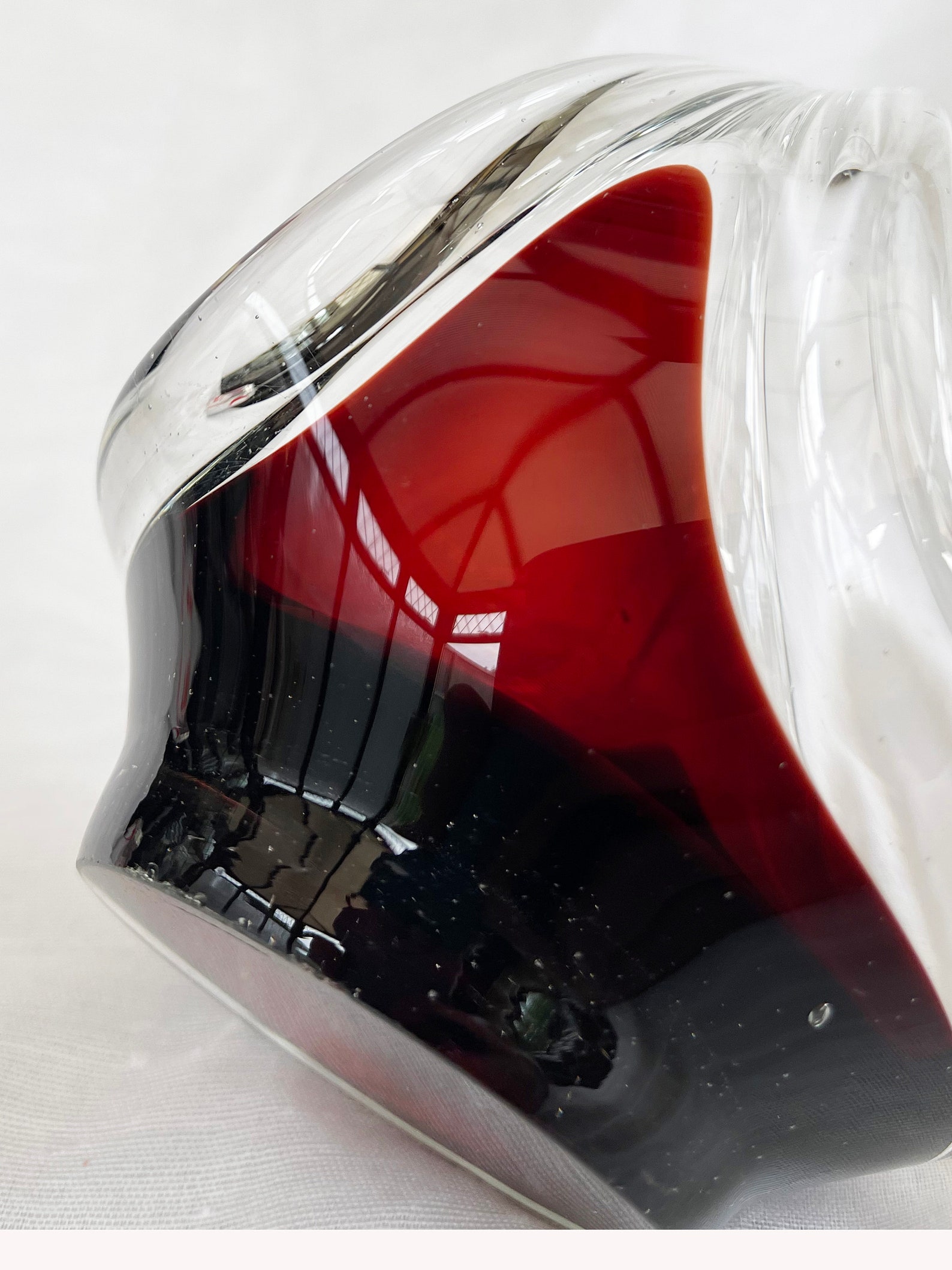 Mid-Century Modern spun and stretched burgundy red glass sculpture/basket/bowl/dish