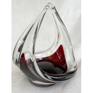 Mid-Century Modern spun and stretched burgundy red glass sculpture/basket/bowl/dish
