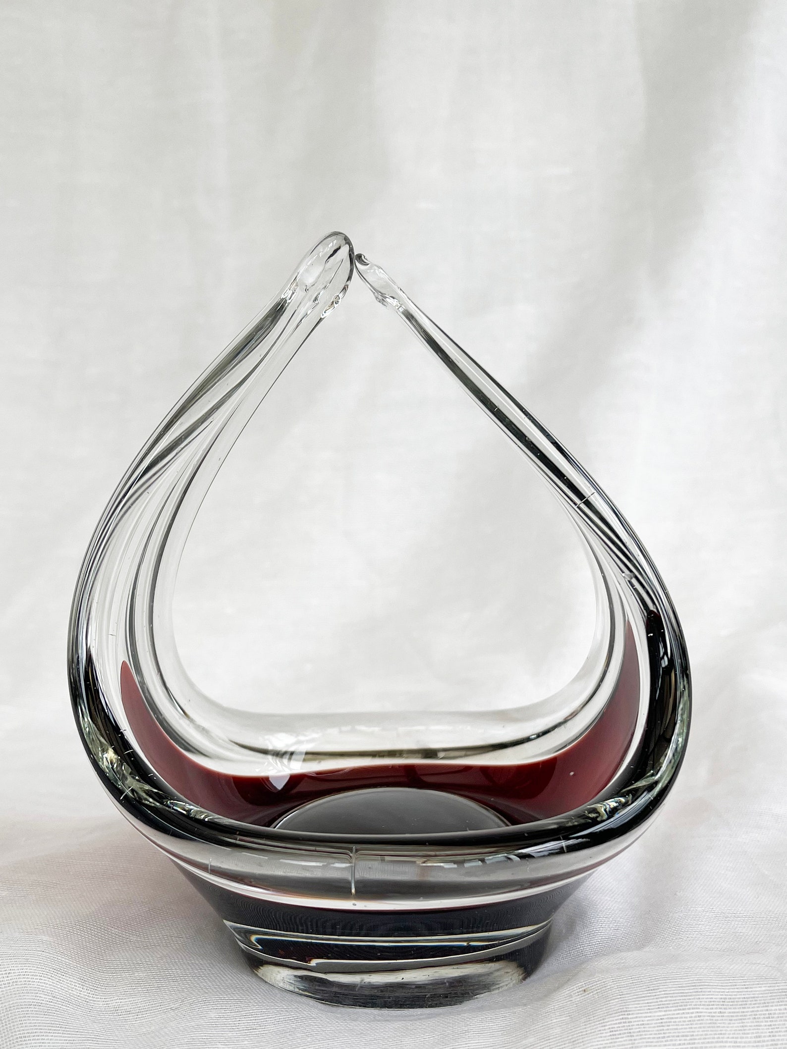 Mid-Century Modern spun and stretched burgundy red glass sculpture/basket/bowl/dish