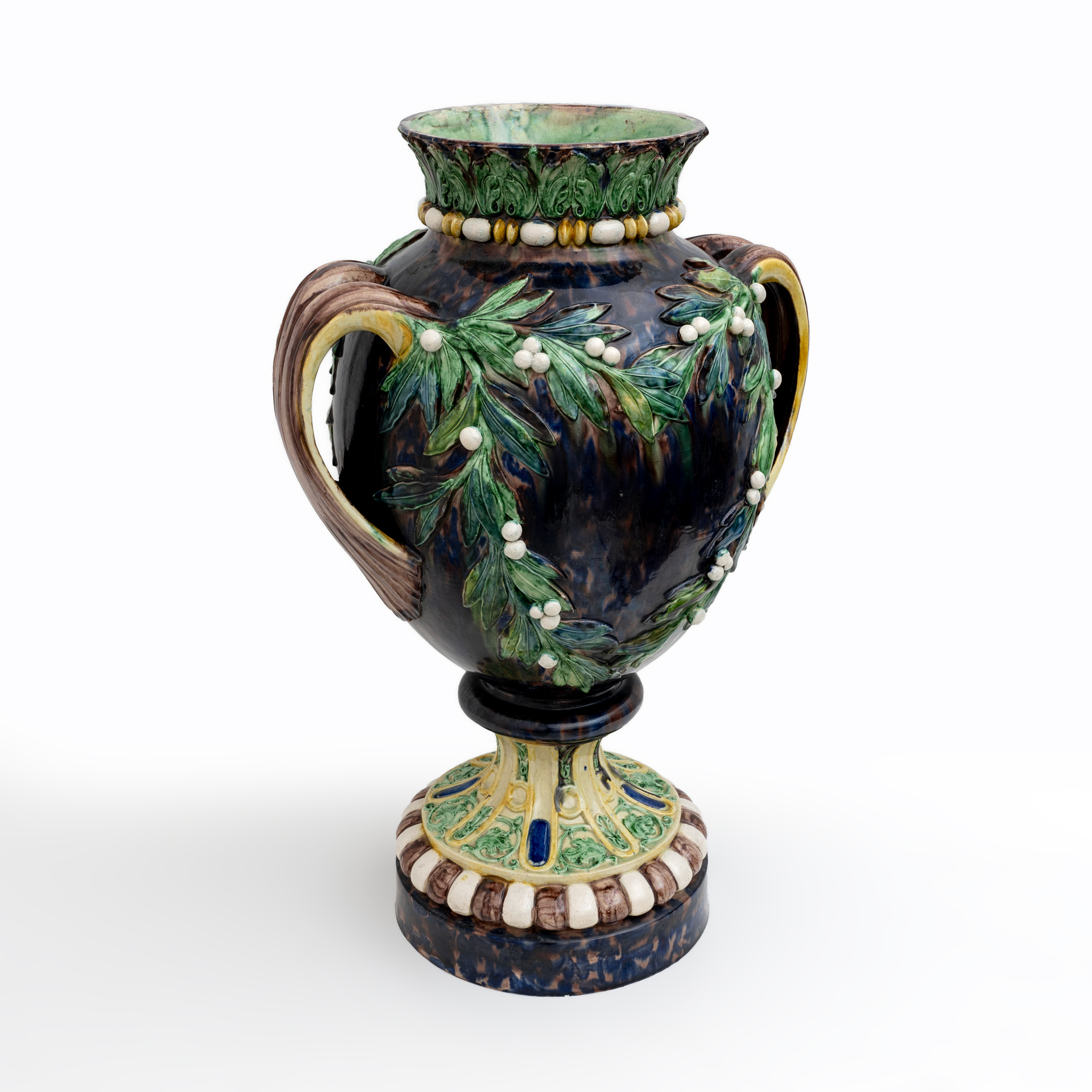 Large 19th century French Majolica Renaissance Palissy Vase with Mistletoe, 1880
