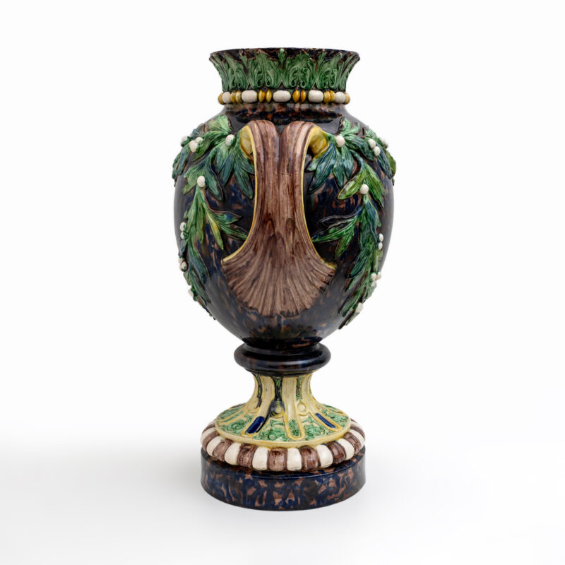Large 19th century French Majolica Renaissance Palissy Vase with Mistletoe, 1880