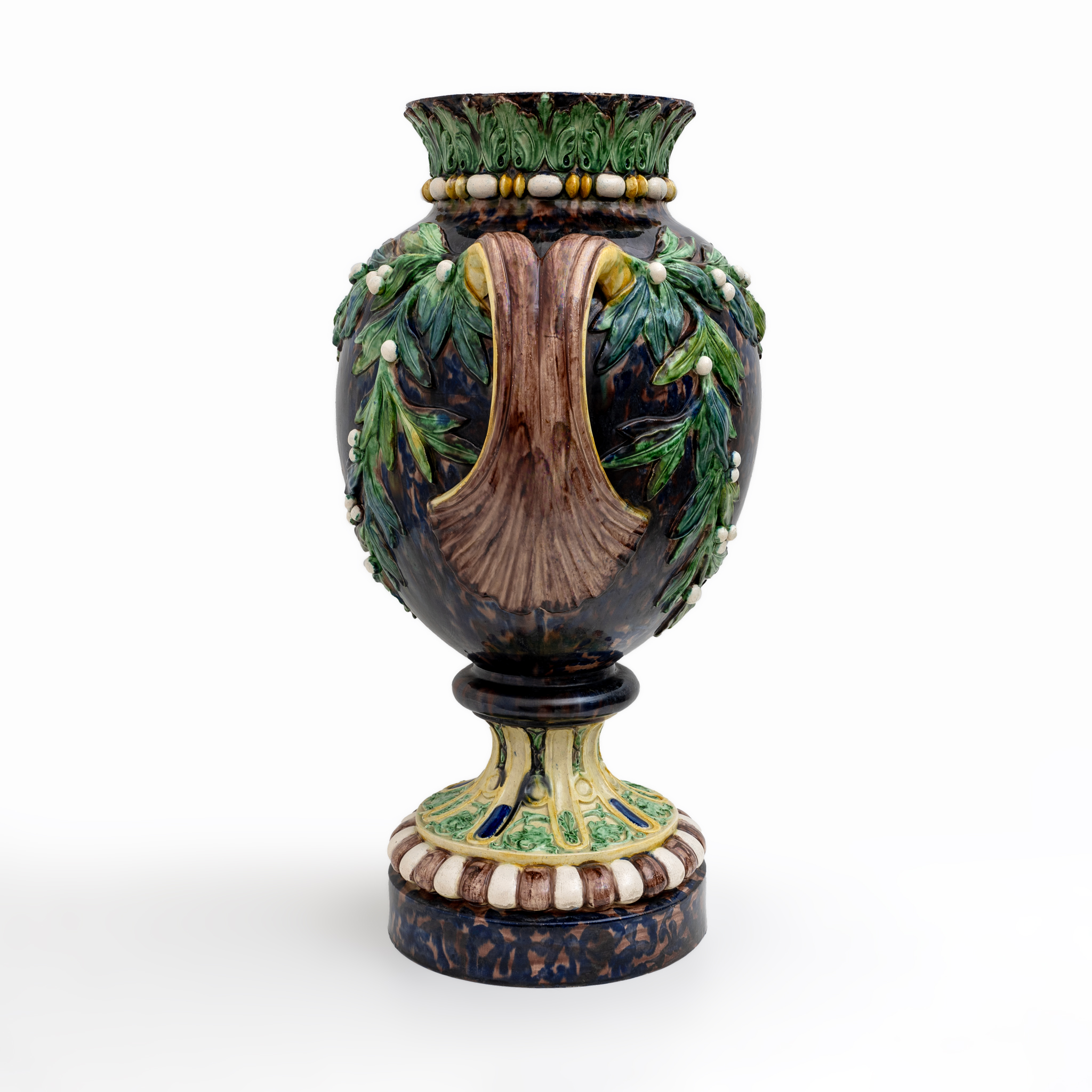 Large 19th century French Majolica Renaissance Palissy Vase with Mistletoe, 1880