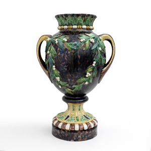 Large 19th century French Majolica Renaissance Palissy Vase with Mistletoe, 1880