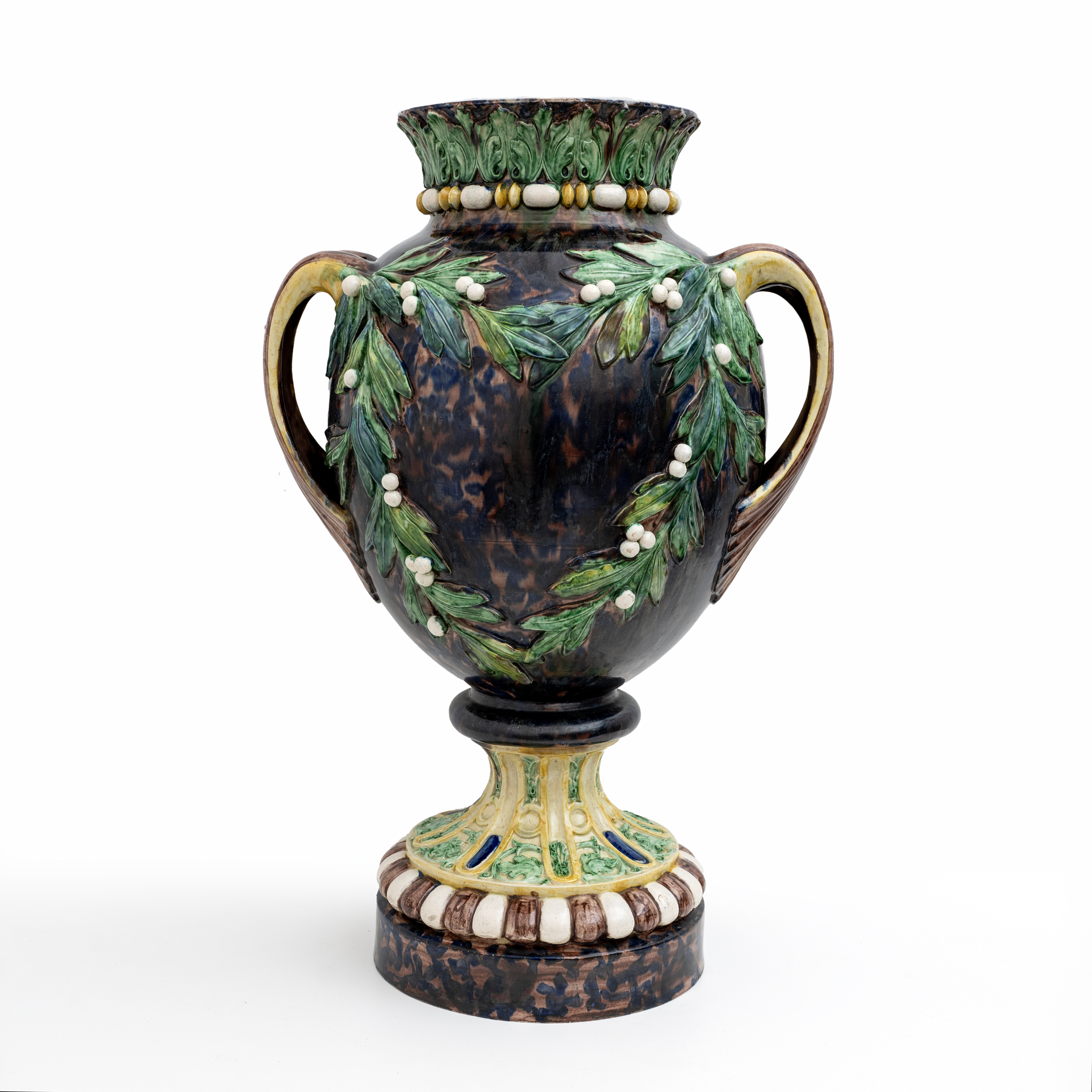 Large 19th century French Majolica Renaissance Palissy Vase with Mistletoe, 1880