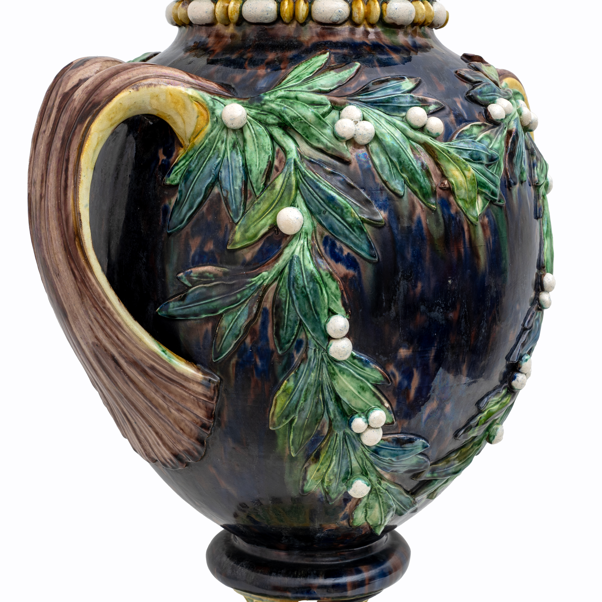 Large 19th century French Majolica Renaissance Palissy Vase with Mistletoe, 1880