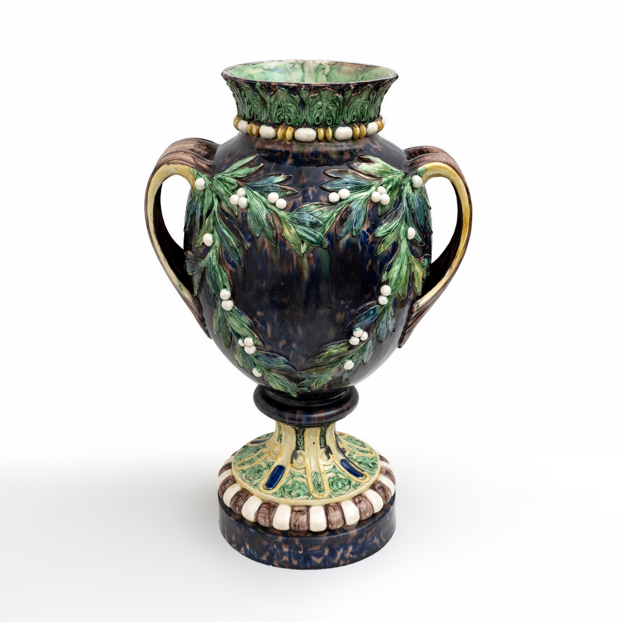 Large 19th century French Majolica Renaissance Palissy Vase with Mistletoe, 1880