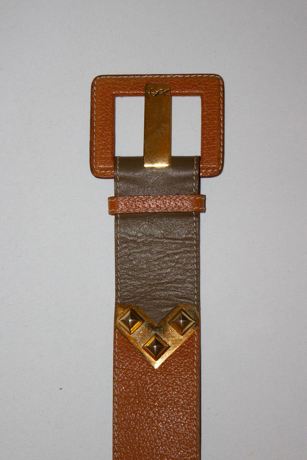 Vintage Yves Saint Laurent Olive and Brown Leather Belt
