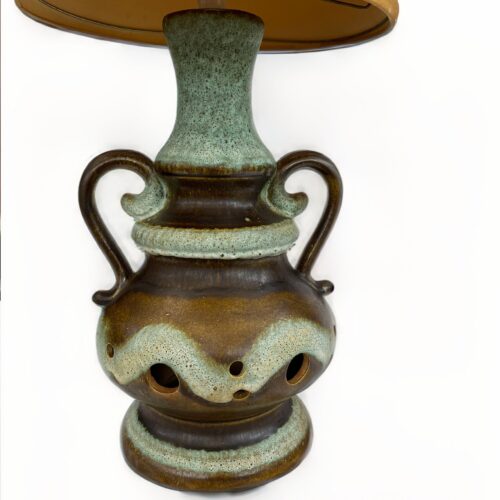 West German vintage floor lamp and original shade manufactured by Skandesco Ltd Mint green and brown lava glaze handled base
