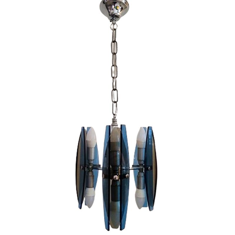 1970s Gorgeous Blue and Smoked Glass Pendant Lamp by Veca. Made in Italy