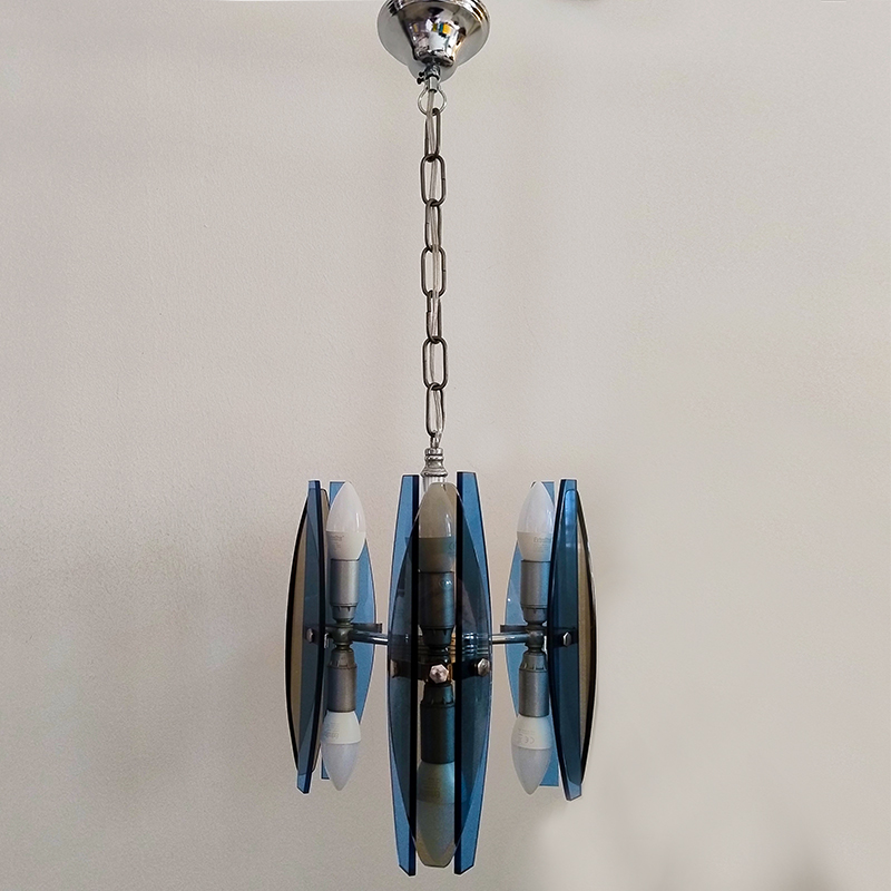 1970s Gorgeous Blue and Smoked Glass Pendant Lamp by Veca. Made in Italy